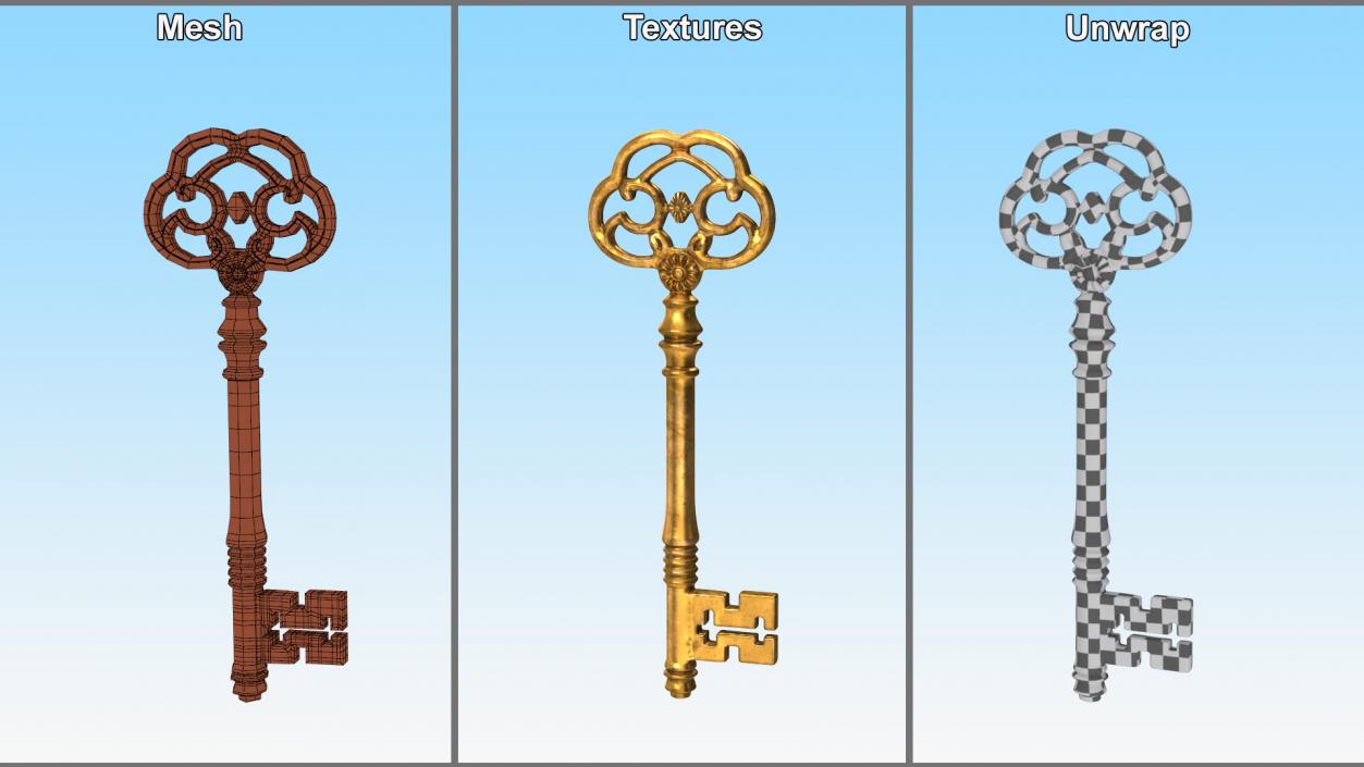 Antique Ornate Skeleton Key Gold 3D