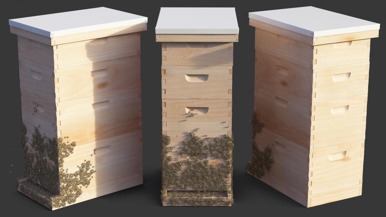 Wooden Beehive Brood Box with Bees 3D model