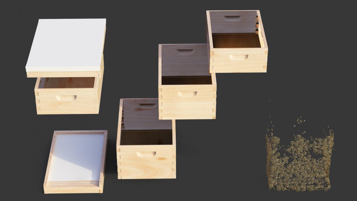 Wooden Beehive Brood Box with Bees 3D model