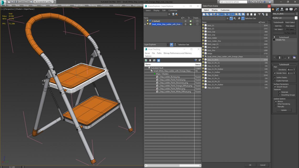 3D Small White Step Ladder with Orange Steps