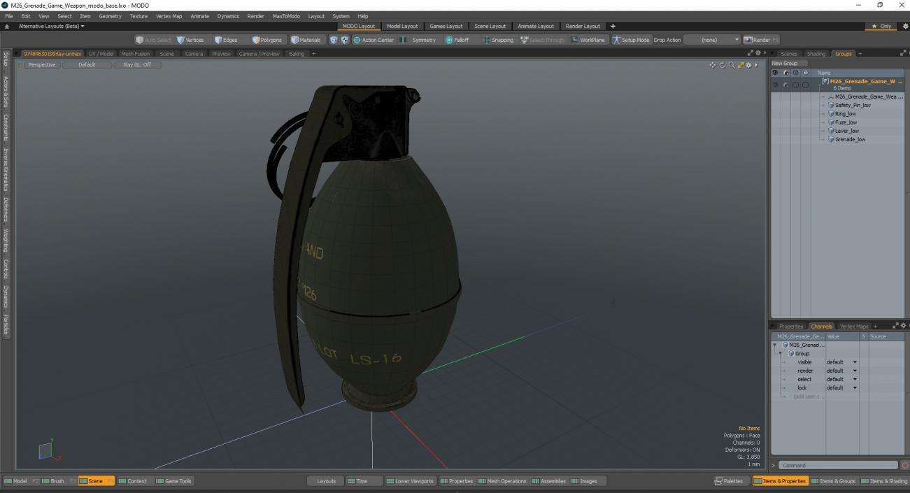 3D M26 Grenade Game Weapon model