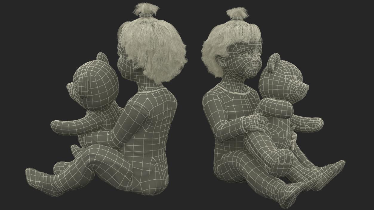 3D Little Girl with Teddy Bear Fur Rigged model