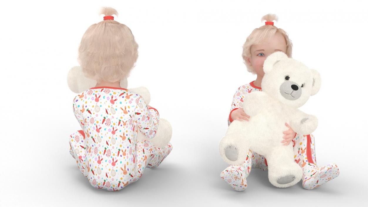 3D Little Girl with Teddy Bear Fur Rigged model