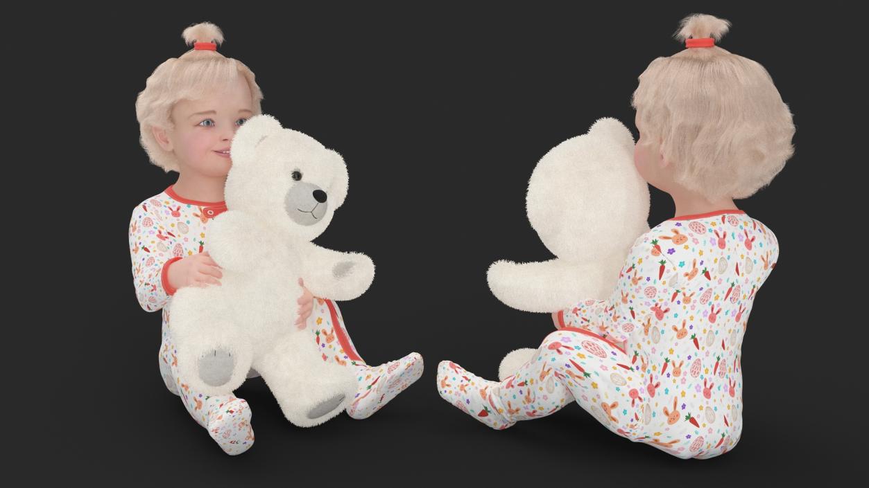 3D Little Girl with Teddy Bear Fur Rigged model