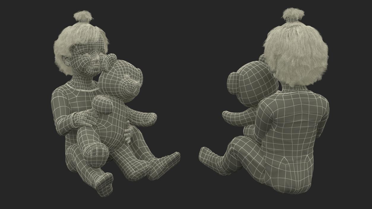 3D Little Girl with Teddy Bear Fur Rigged model