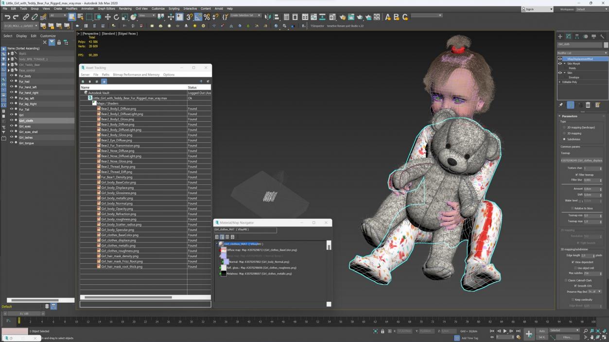 3D Little Girl with Teddy Bear Fur Rigged model