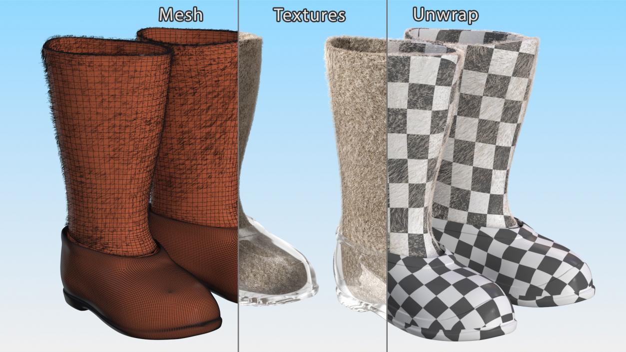 Warm Rustic Felt Boots With Transparent Galoshes Fur 3D