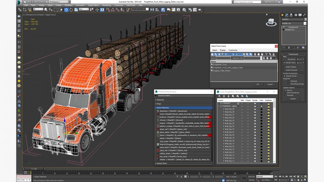 Freightliner Truck with Logging Trailer 3D model