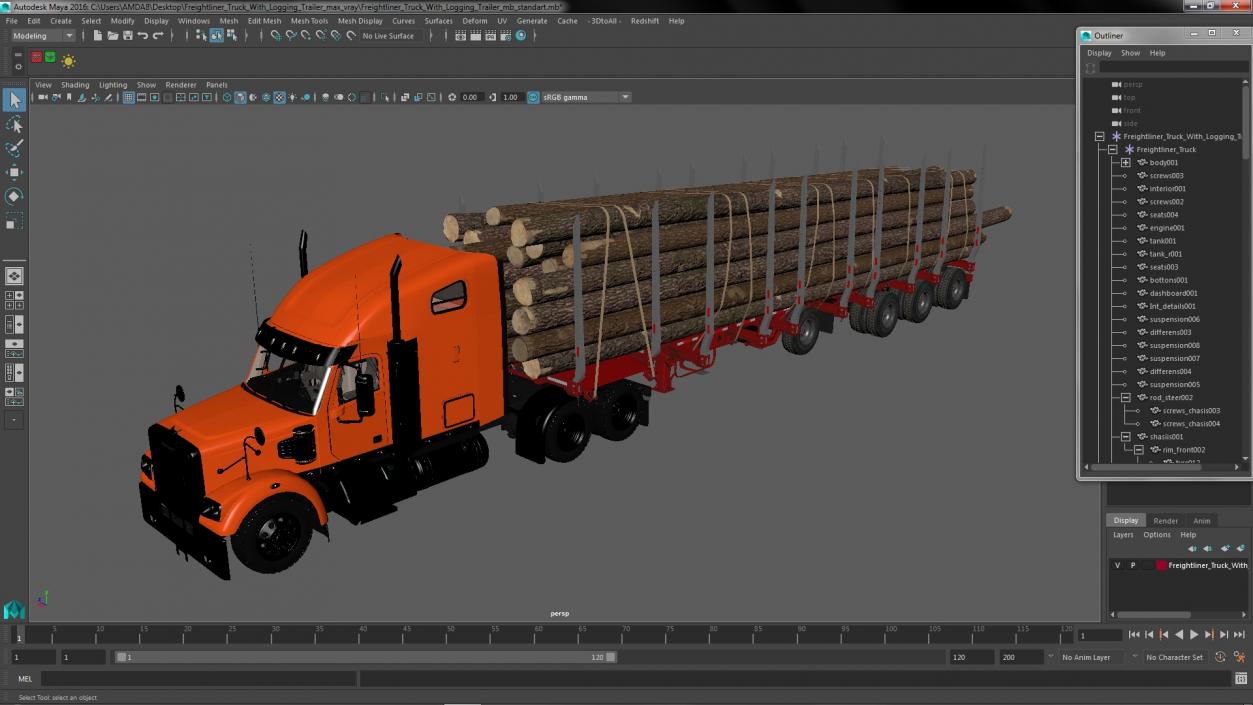 Freightliner Truck with Logging Trailer 3D model