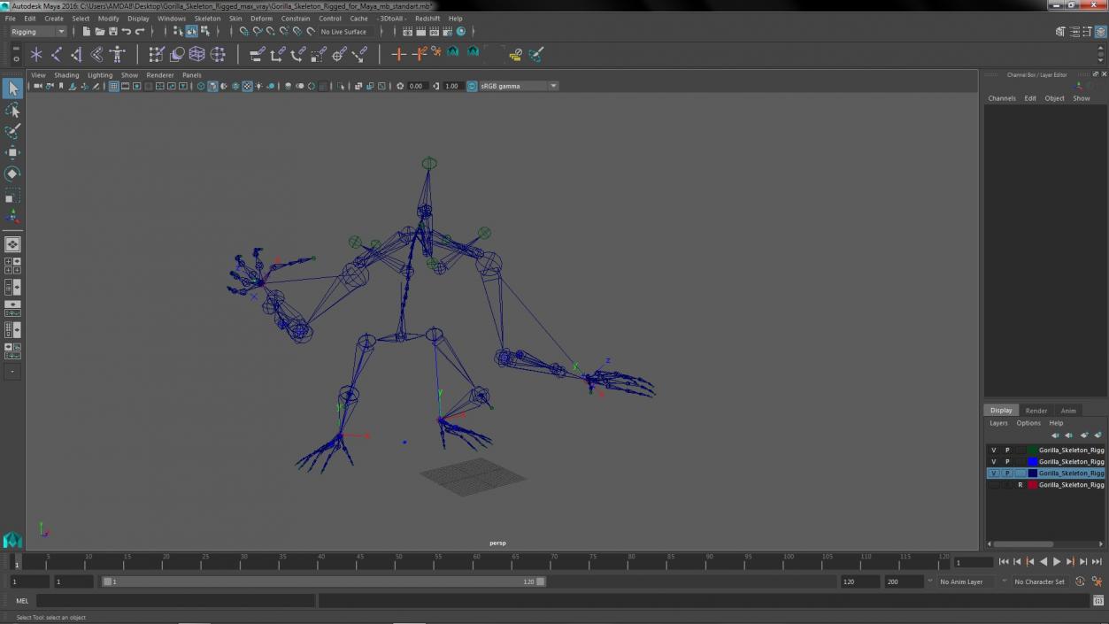 Gorilla Skeleton Rigged for Maya 3D