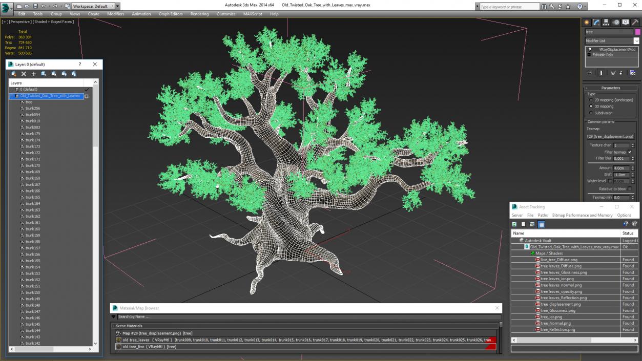 Old Twisted Oak Tree with Leaves 3D