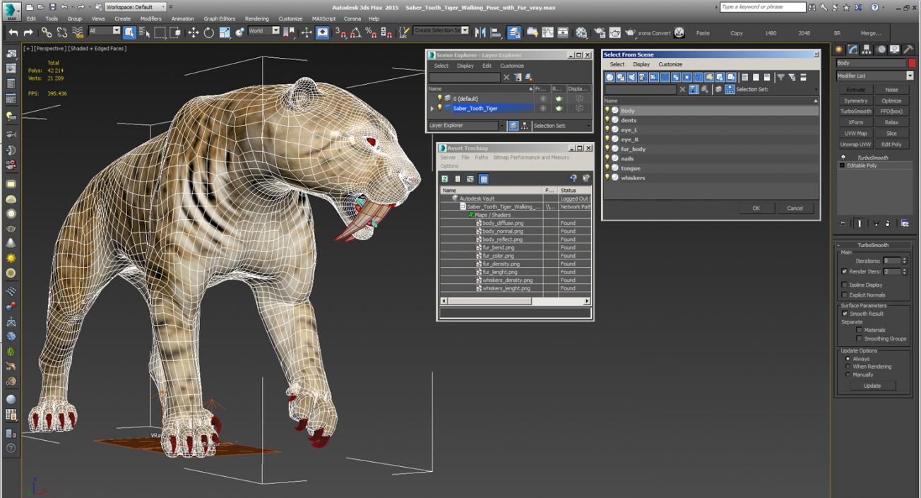 Saber Tooth Tiger Walking Pose with Fur 3D model