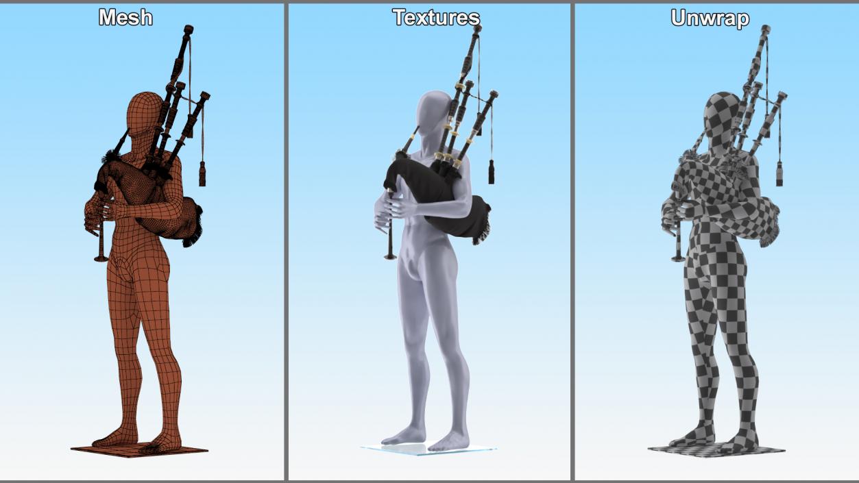 3D model Mannequin with Scottish Black Bagpipes 2