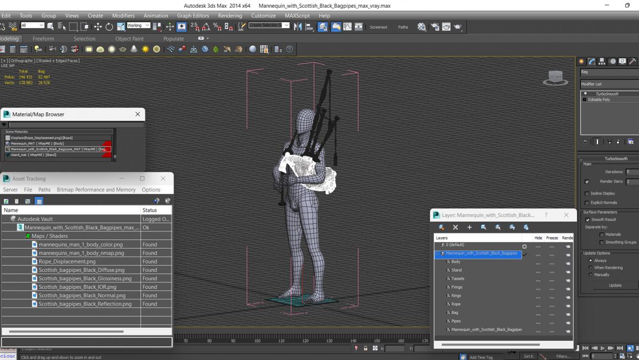 3D model Mannequin with Scottish Black Bagpipes 2