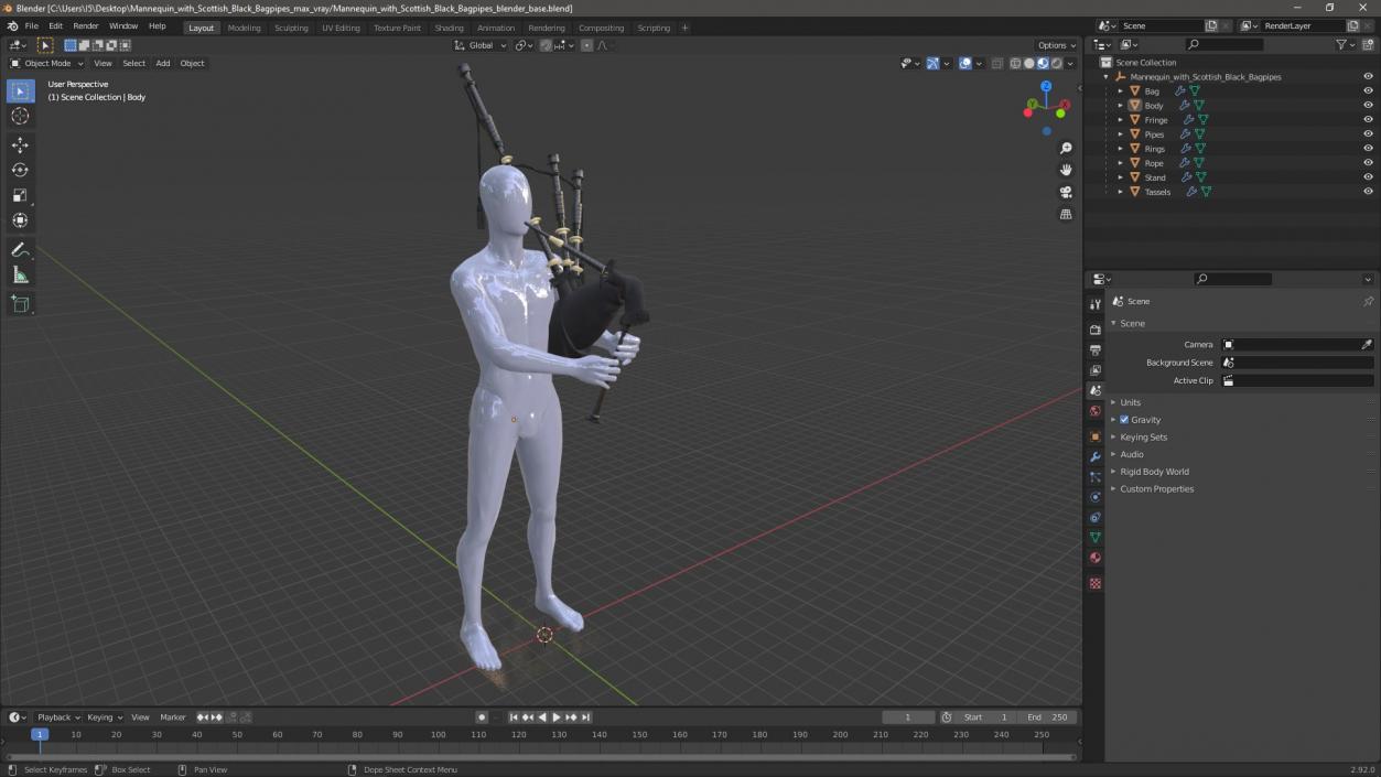 3D model Mannequin with Scottish Black Bagpipes 2