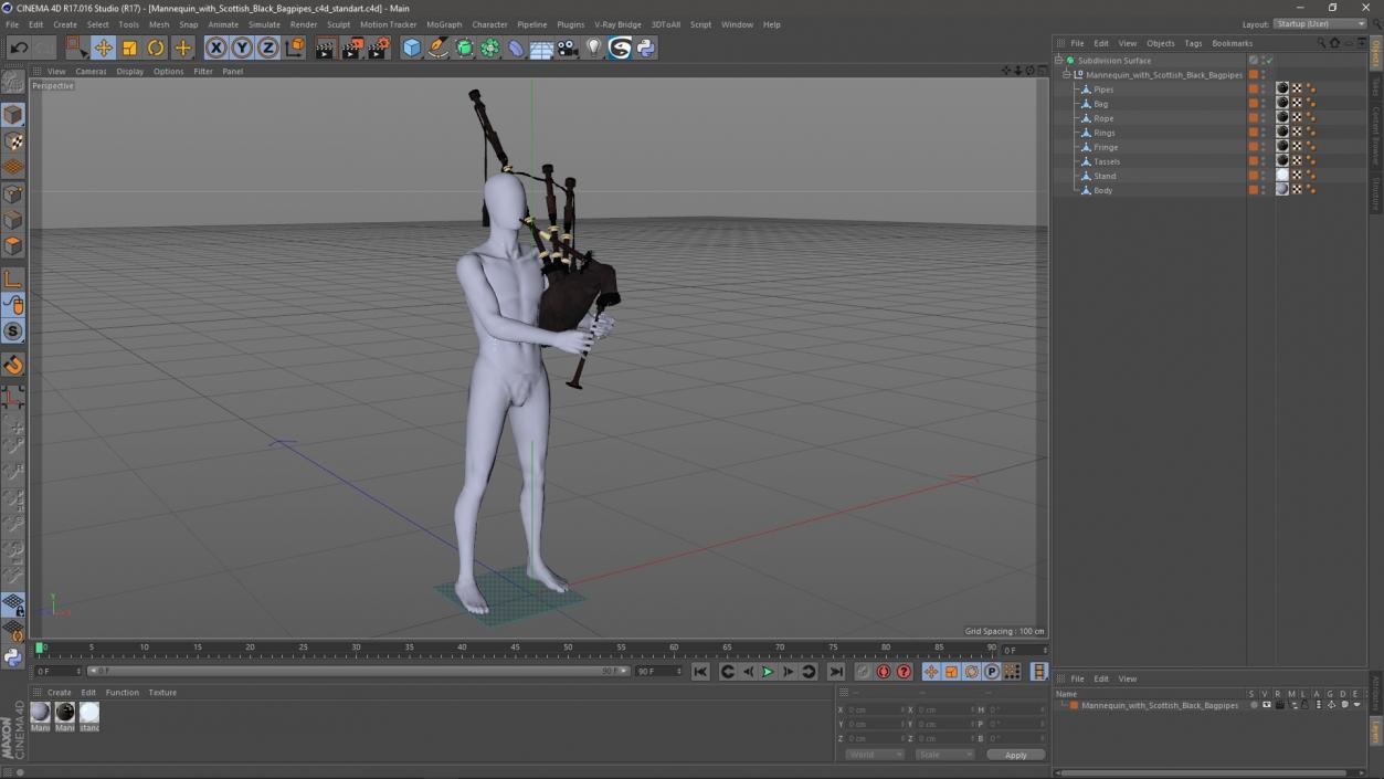 3D model Mannequin with Scottish Black Bagpipes 2