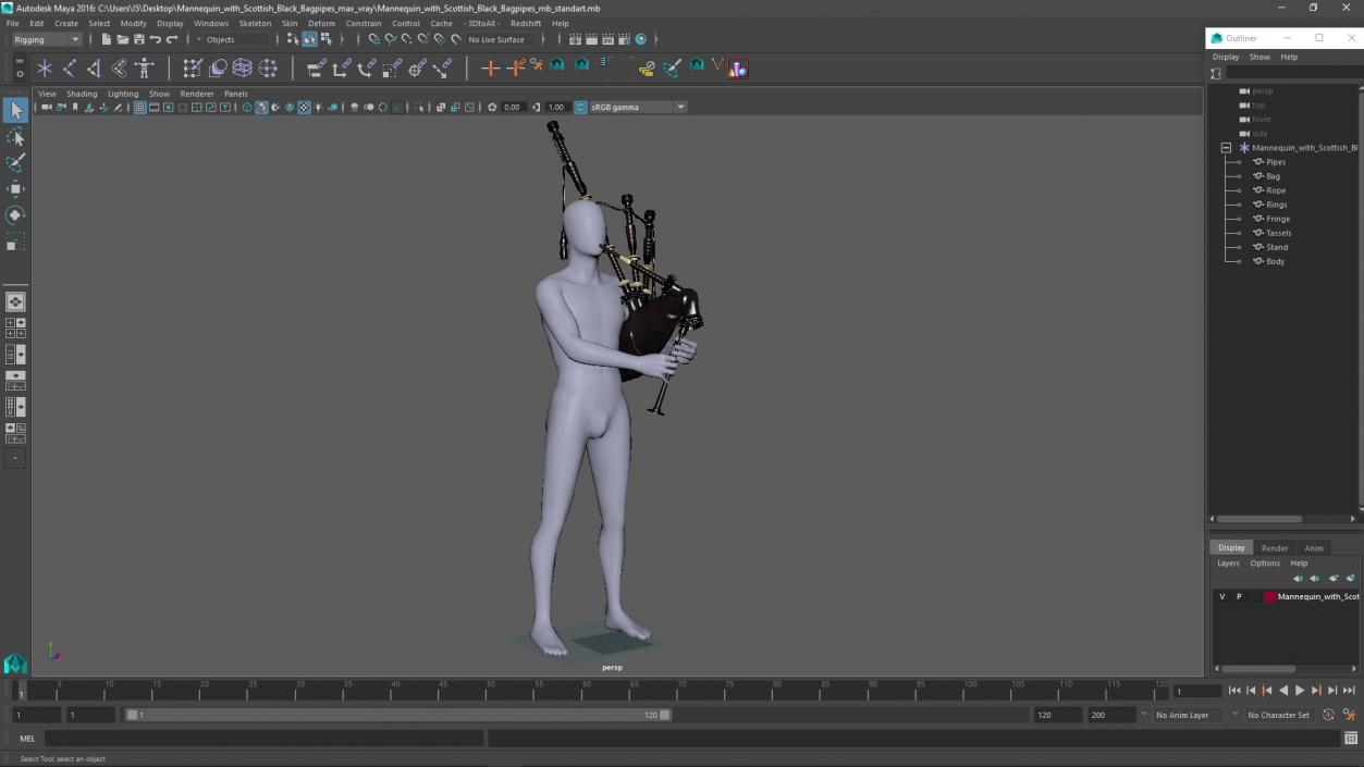 3D model Mannequin with Scottish Black Bagpipes 2