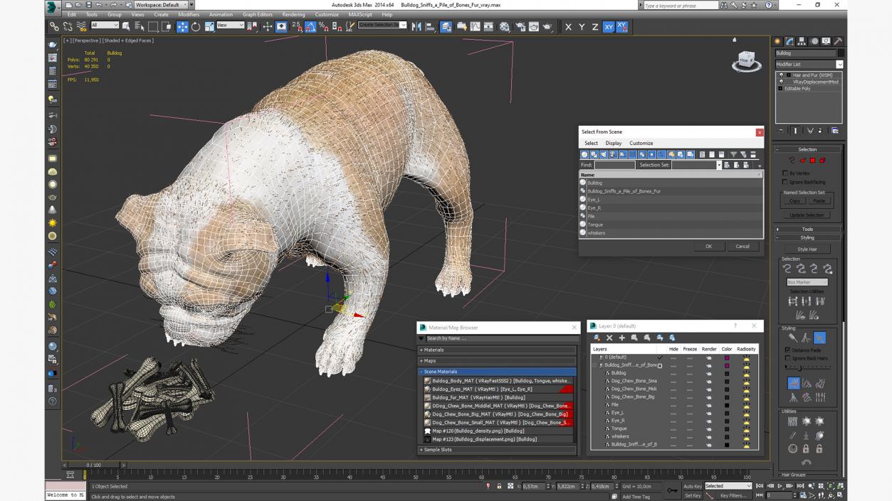 Bulldog Sniffs a Pile of Bones Fur 3D model