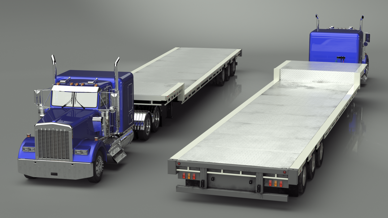 3D Semi Truck with Flatbed Trailer