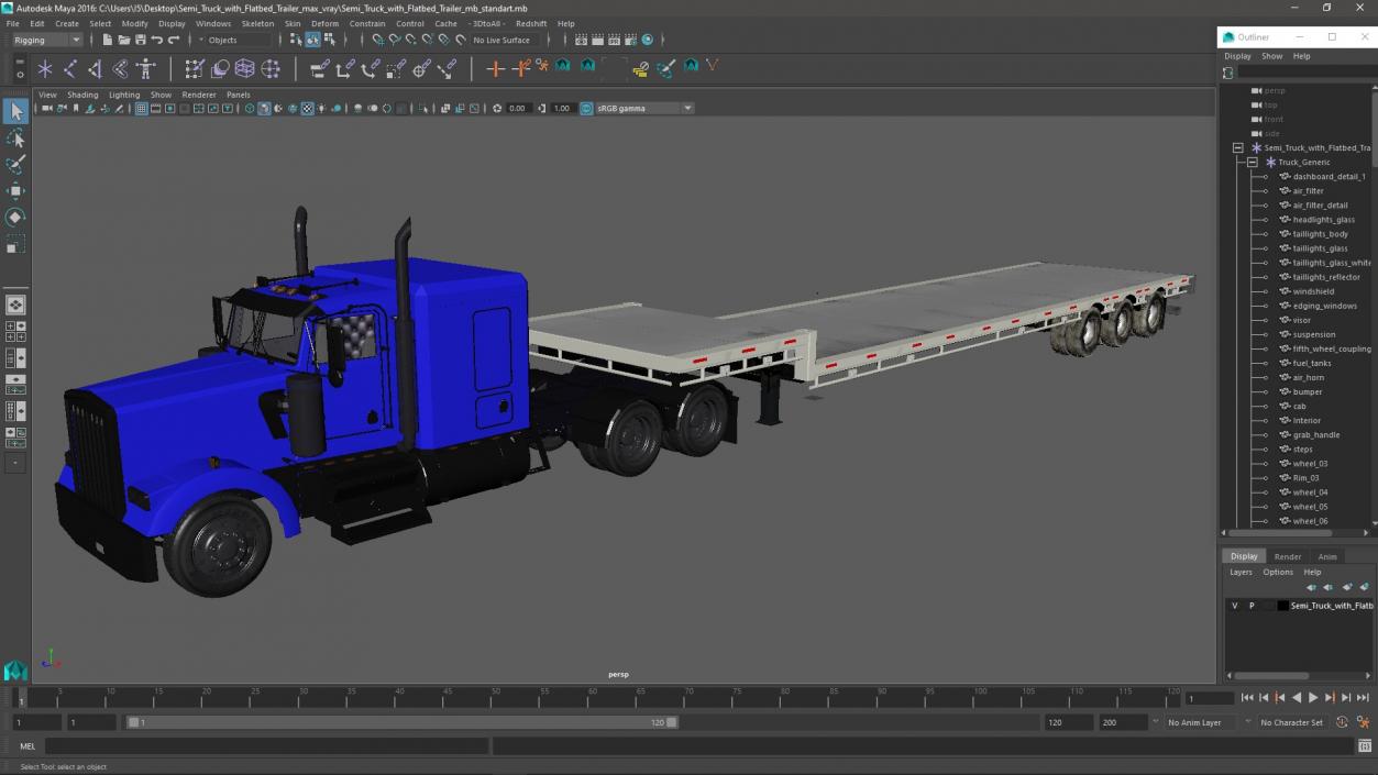 3D Semi Truck with Flatbed Trailer