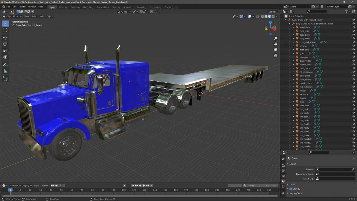 3D Semi Truck with Flatbed Trailer