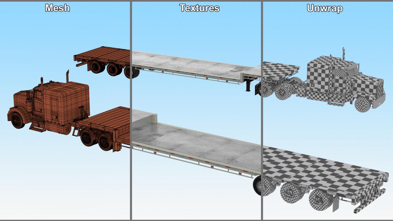 3D Semi Truck with Flatbed Trailer