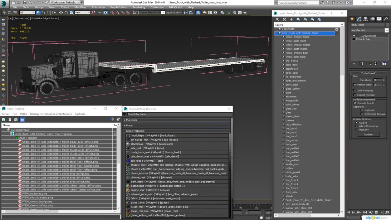 3D Semi Truck with Flatbed Trailer