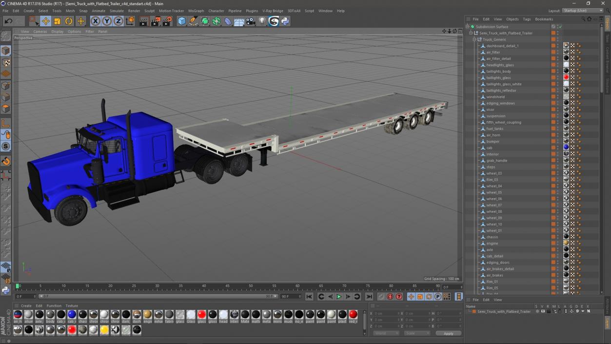 3D Semi Truck with Flatbed Trailer