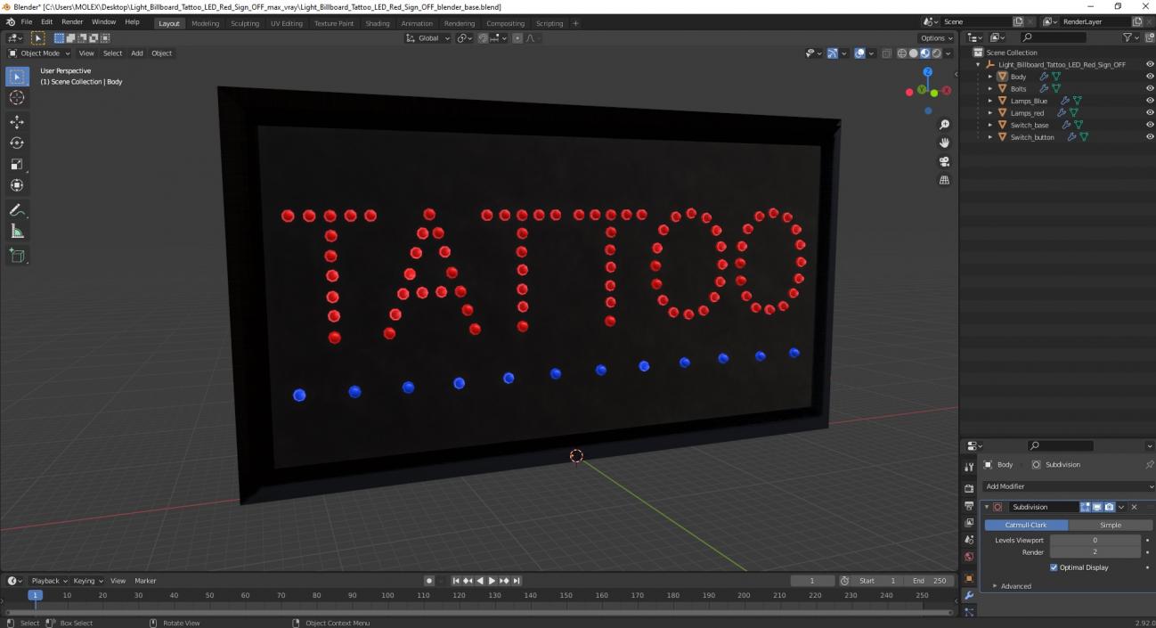 Light Billboard Tattoo LED Red Sign OFF 3D model