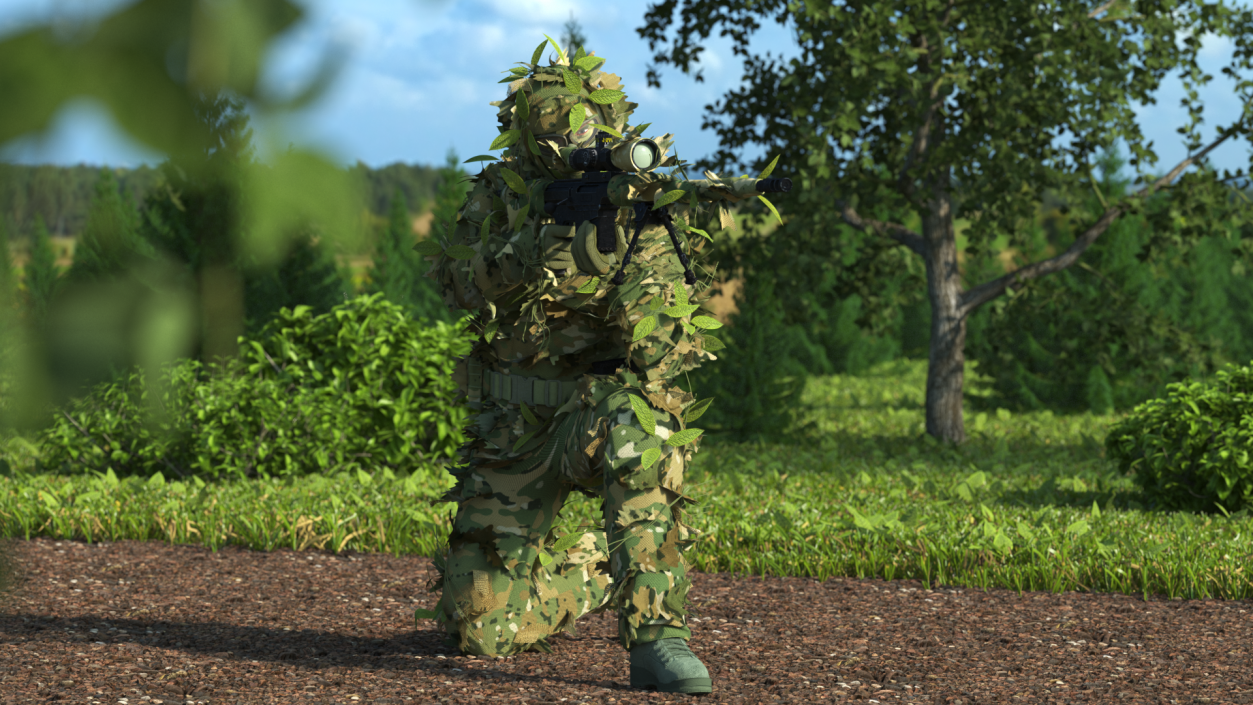 Sniper in Leaf Ghillie Suit T-pose 3D model