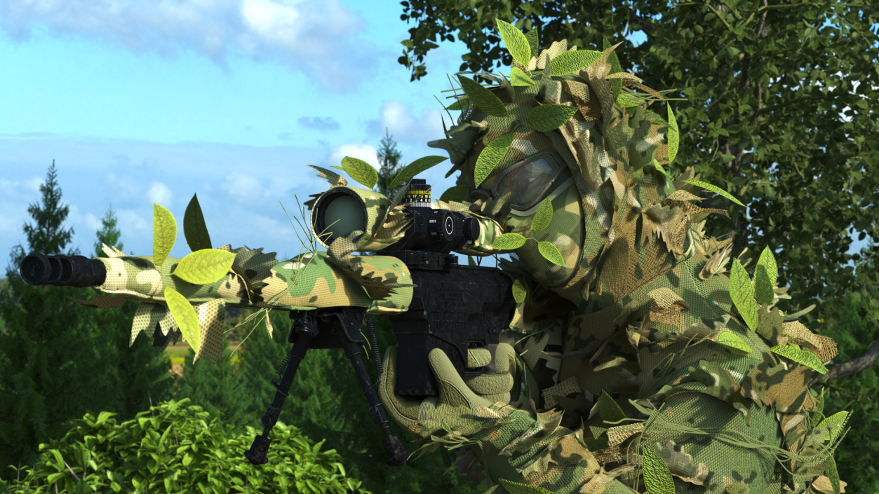 Sniper in Leaf Ghillie Suit T-pose 3D model