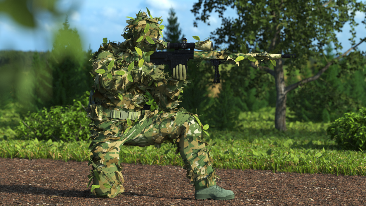 Sniper in Leaf Ghillie Suit T-pose 3D model