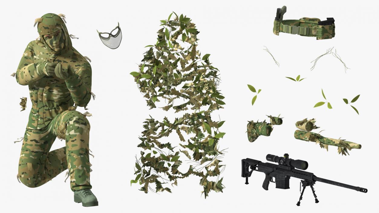 Sniper in Leaf Ghillie Suit T-pose 3D model