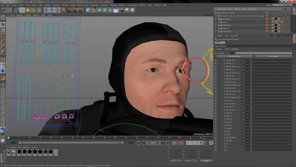3D Combat Swimmer with Underwater Rifle APS Rigged for Cinema 4D