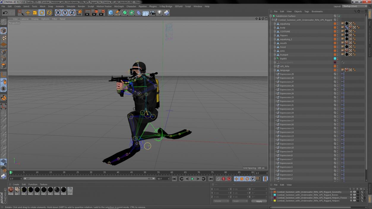 3D Combat Swimmer with Underwater Rifle APS Rigged for Cinema 4D