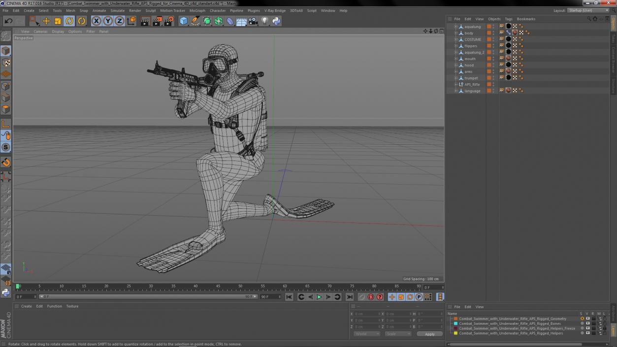 3D Combat Swimmer with Underwater Rifle APS Rigged for Cinema 4D