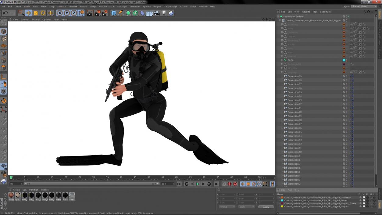 3D Combat Swimmer with Underwater Rifle APS Rigged for Cinema 4D