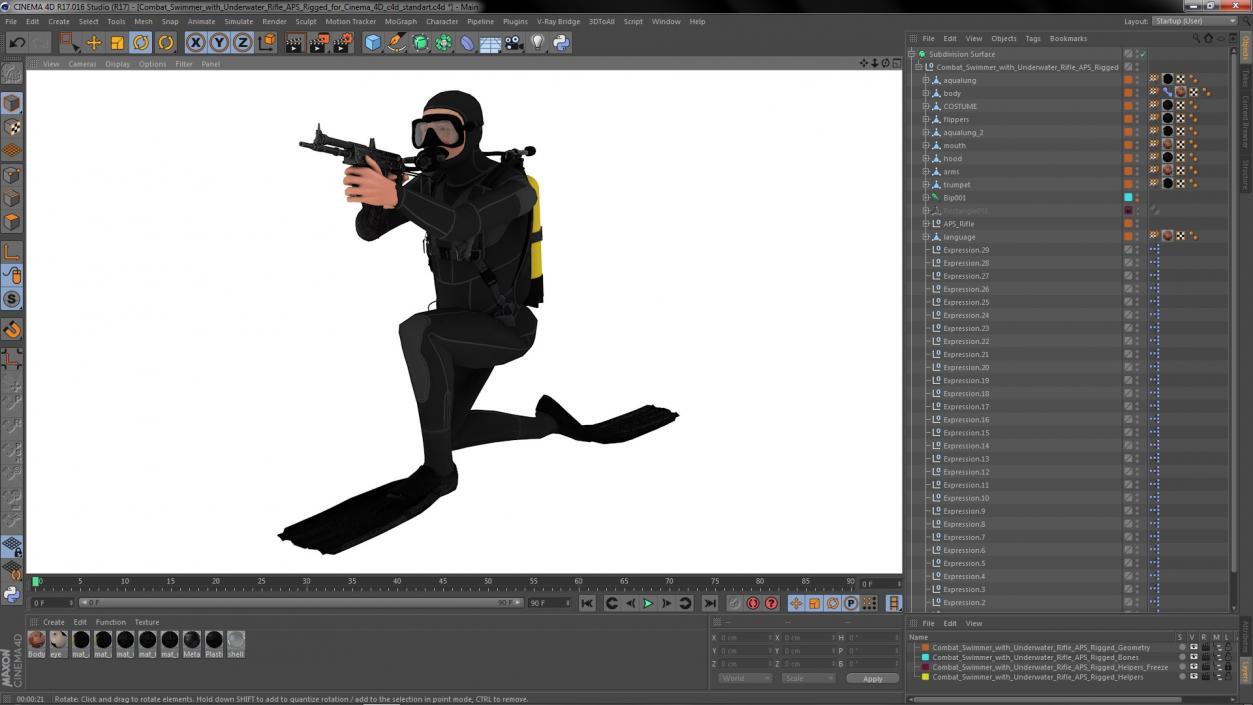 3D Combat Swimmer with Underwater Rifle APS Rigged for Cinema 4D