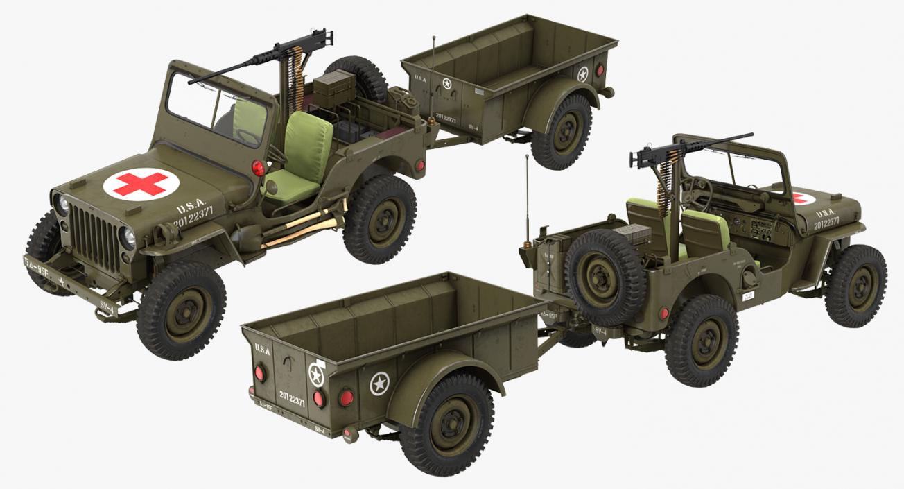 3D model Willys Jeep MB 44 with Trailer Ambulance