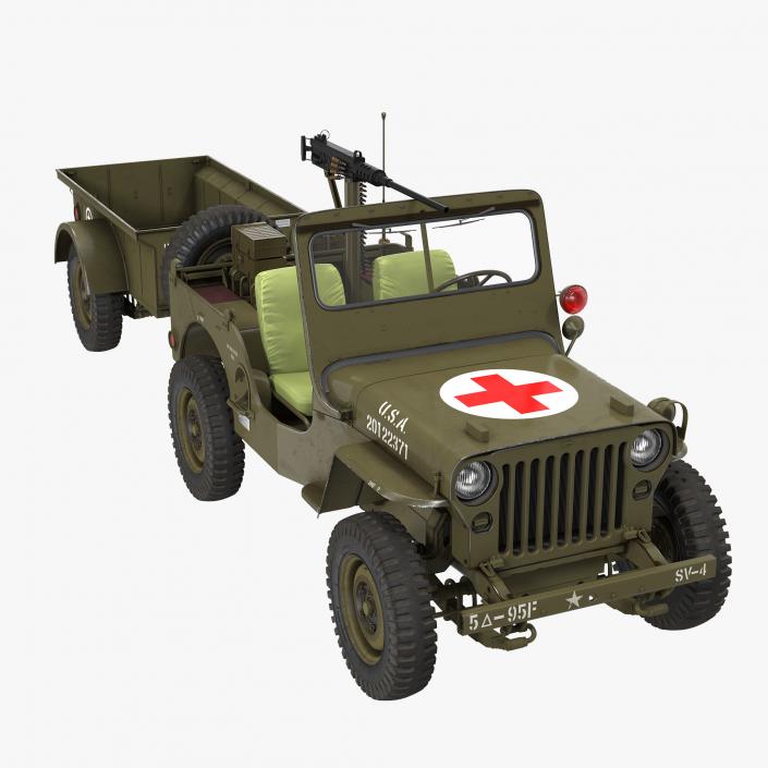 3D model Willys Jeep MB 44 with Trailer Ambulance