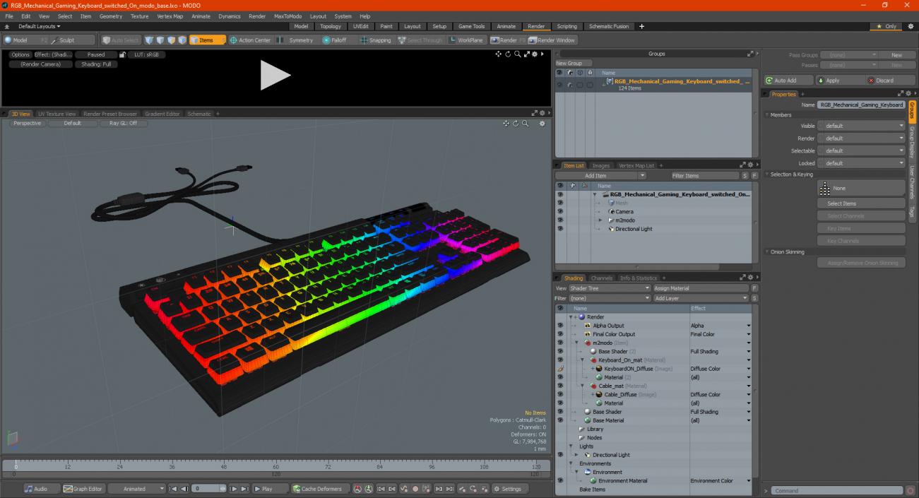 RGB Mechanical Gaming Keyboard switched On 3D