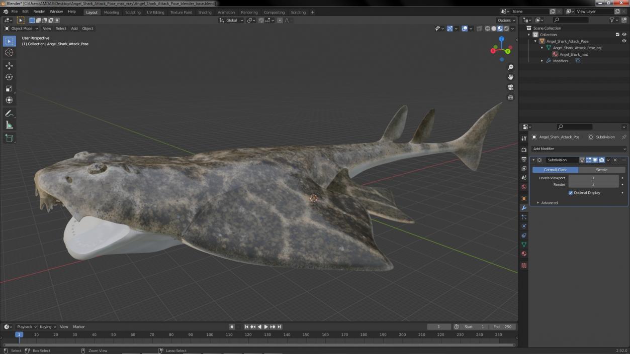 3D Angel Shark Attack Pose model