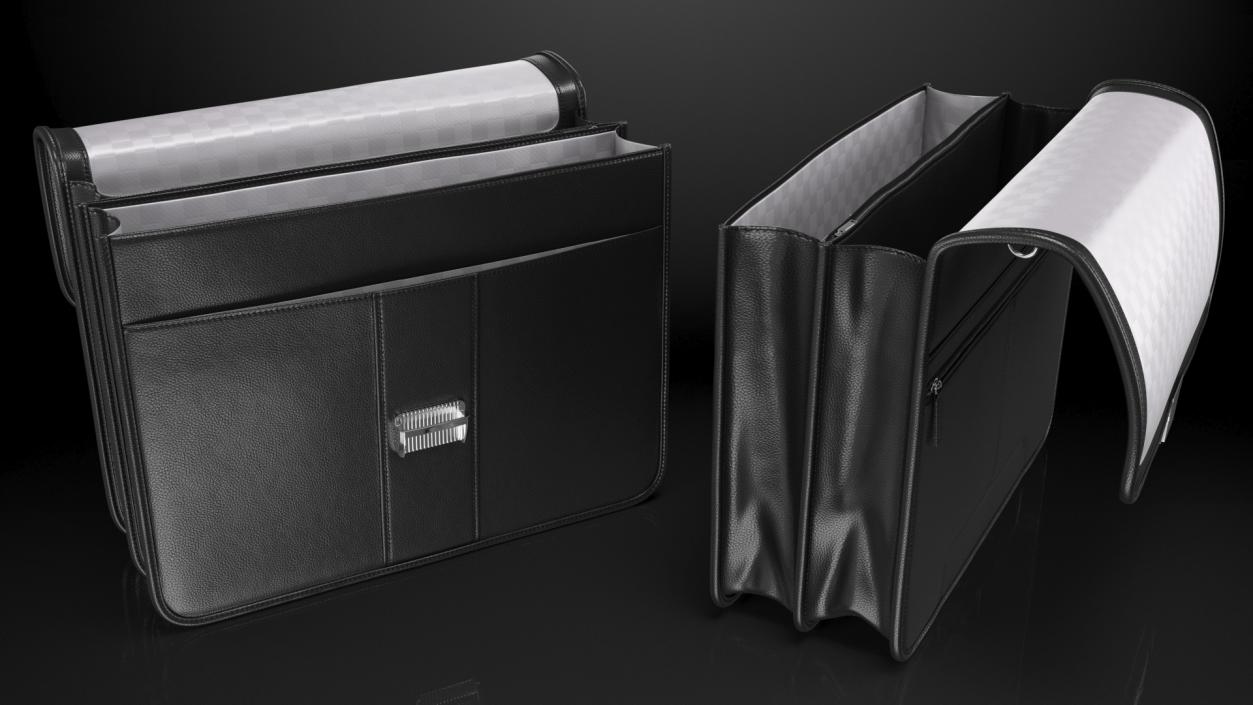 Opened Leather Flapover Briefcase Black 3D model