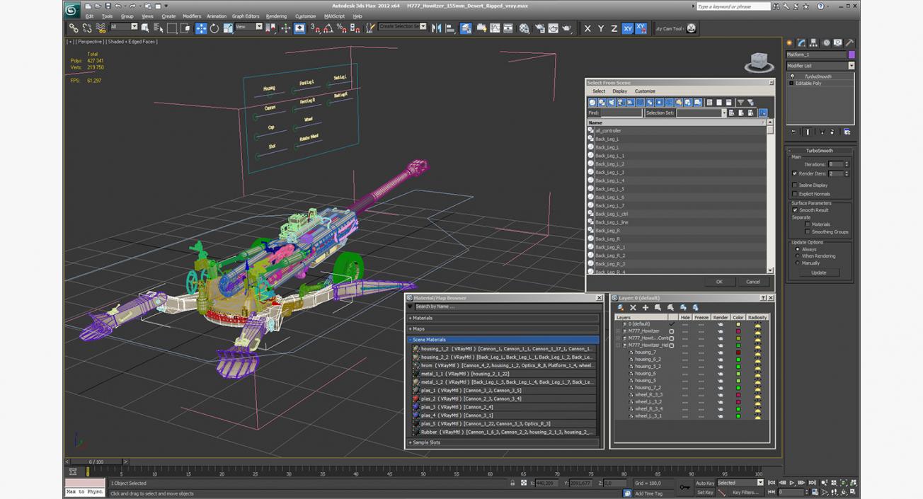 3D M777 Howitzer 155mm Desert Rigged model