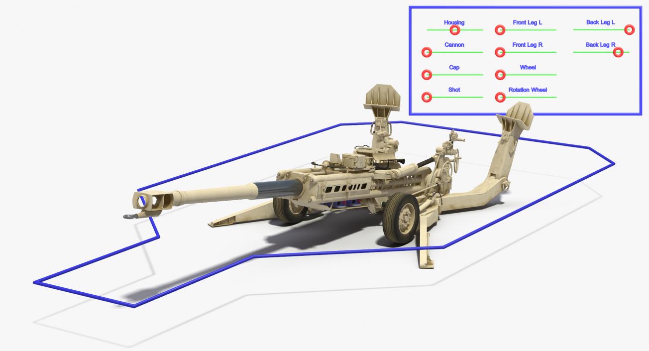 3D M777 Howitzer 155mm Desert Rigged model