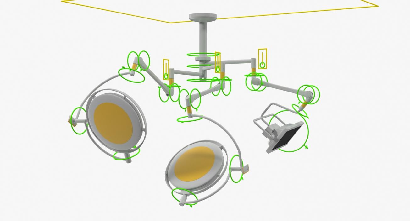 3D Two Arm Surgical Light with Monitor Ceiling Mount Rigged