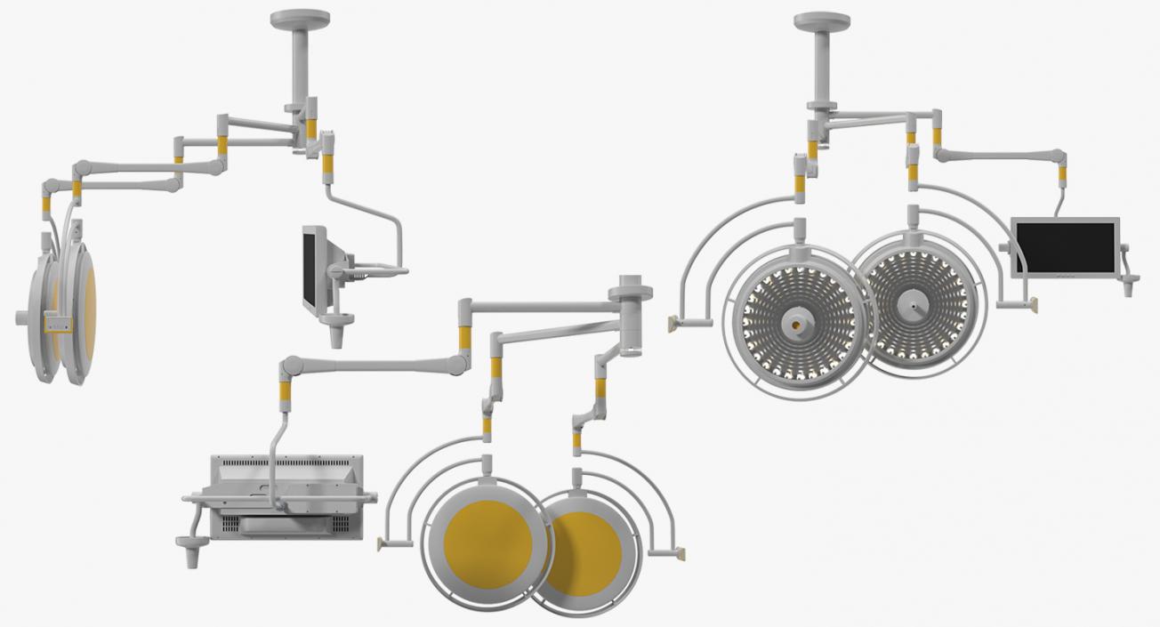 3D Two Arm Surgical Light with Monitor Ceiling Mount Rigged