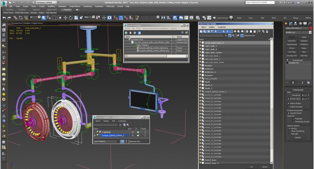 3D Two Arm Surgical Light with Monitor Ceiling Mount Rigged