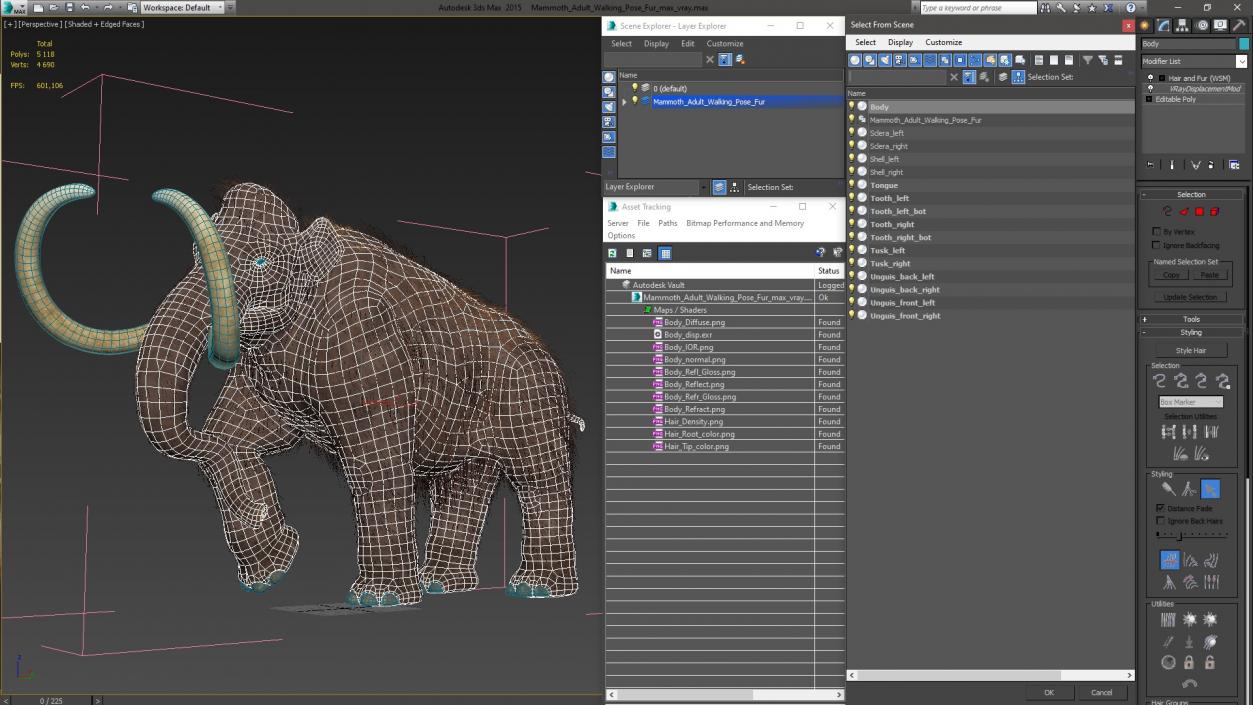 3D model Mammoth Adult Walking Pose Fur