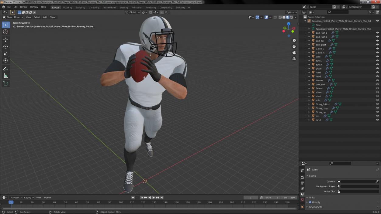 3D model American Football Player White Uniform Running The Ball